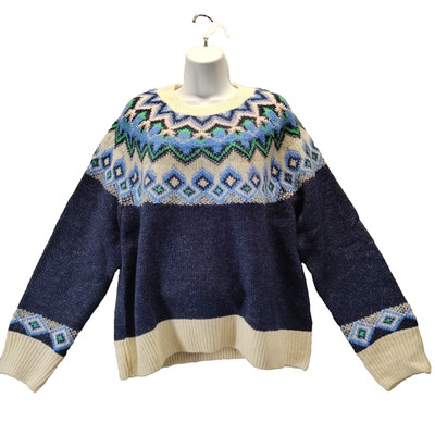 Old Navy Women Sz L Sweater Fair Isle Navy Blue Crew Neck Cabincore Heritage