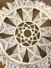 Round Macrame Wall Hanging Woven Cotton Fringe Boho Decor Cream/Off-White