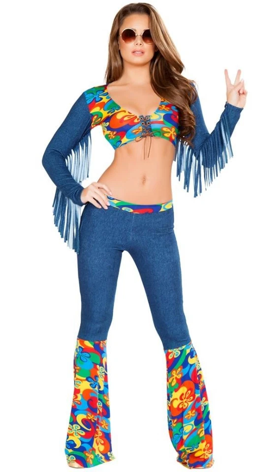 Hippie Costume Fringe Crop Top Bellbottom Pants Flared Floral Retro 4749 Small - Image 3 of 4
