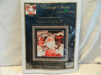 C-25 NEW KUSTOM CRAFTS COUNTED CROSS-STITCH KIT #98227  CATNAP SANTA 