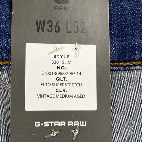 NWT G-STAR RAW 3301 SLIM ELTO SUPERSTRETCH VINTAGE MEDIUM AGED JEANS SIZE 36X32 - Picture 6 of 13