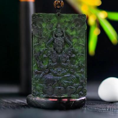 Natural Real Jade Guanyin Pendant Black Necklace Vintage Stone Carved Jewelry