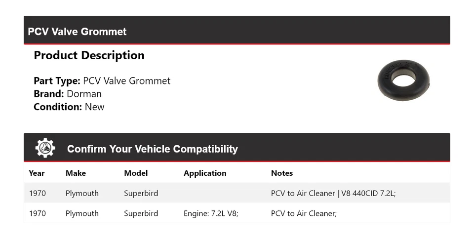 Ilhó de válvula PCV Plymouth Superbird Dorman 1970 - Imagem 2 de 4