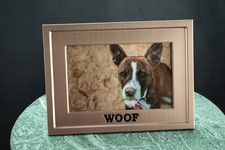 Brushed silver metal dog picture frame "Woof" w/easel for 4x6 photo