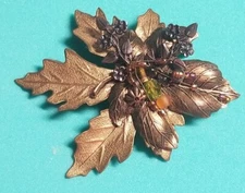 Vintage Cara Stimmel Ltd Double Maple Leaf Brooch w/Glass Beads Goldtone