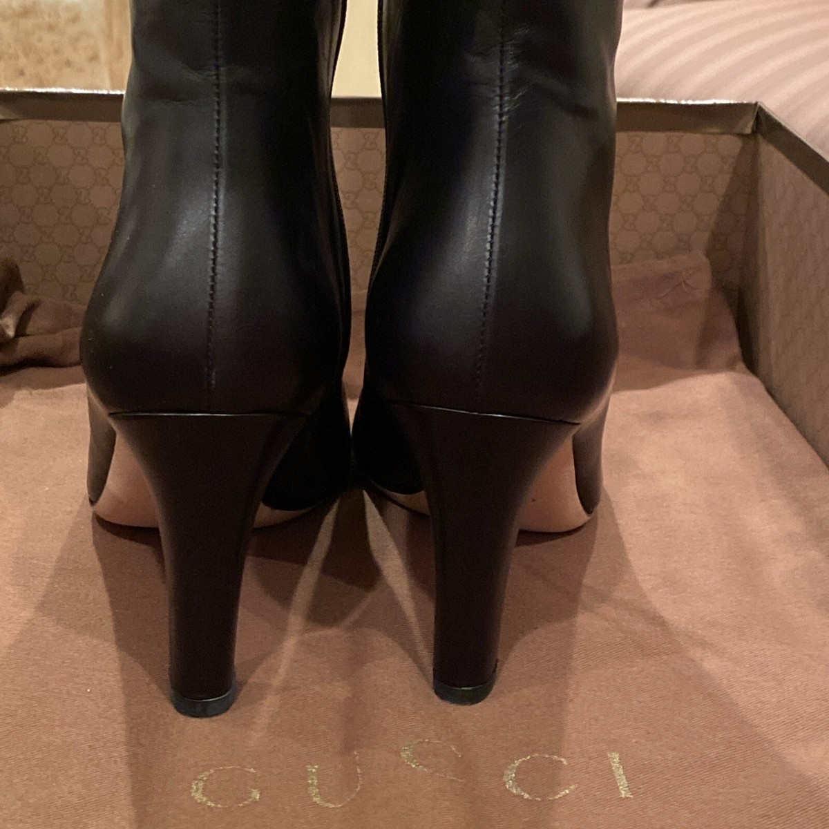 Gucci Boots G Logo Black Leather Knee High Sz 39 8.5 Old
