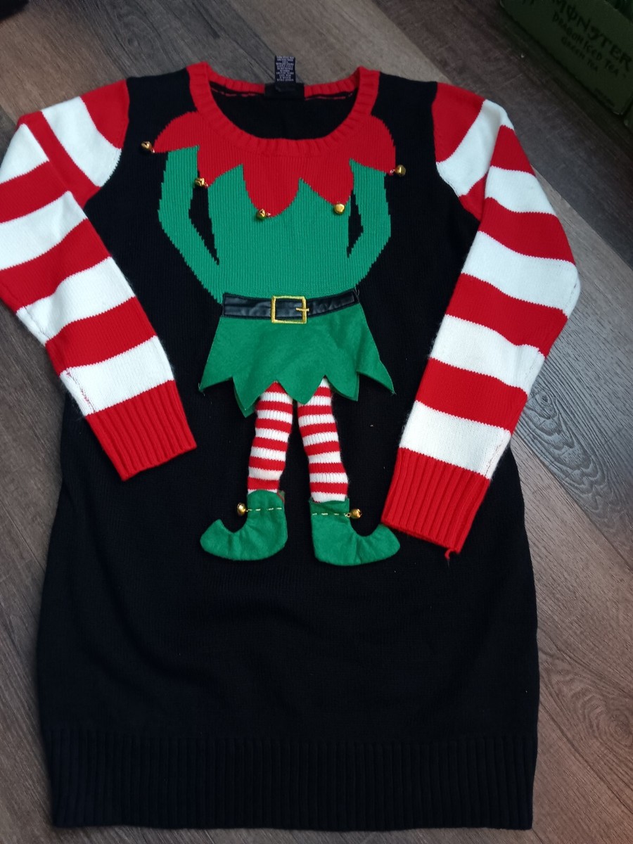 Hooked Up Ugly Christmas Sweater Dress Women's Elf W/ BELLS Large | eBay