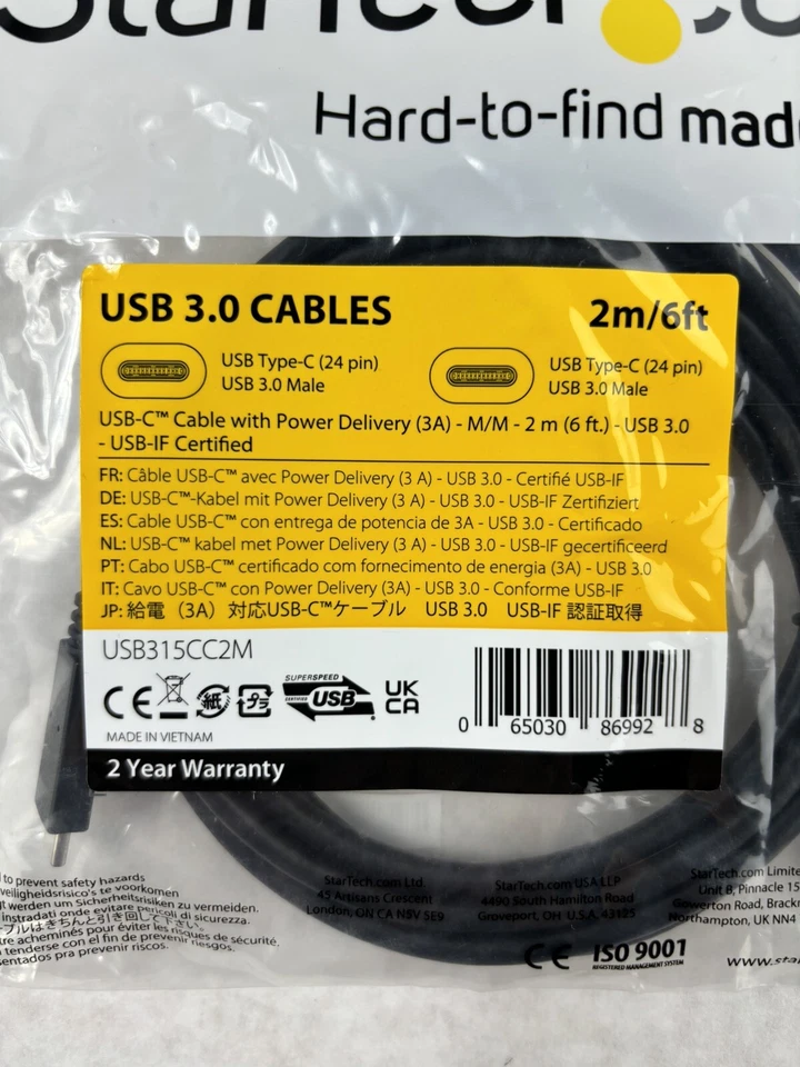 New StarTech USB315CC2M Black USB-C Cable with Power Delivery USB 3.0 - Image 3 of 4