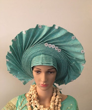 Aso-Oke African Headtie Auto Gele, Turquoise Cap