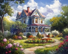 Victorian home with a vegetable garden oil Painting 8x10 Print 