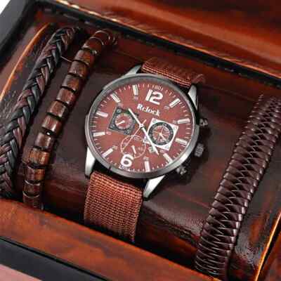 HERREN ARMBANDUHR STAHL UND NYLON, LEDERARMBAND 3 STÜCK, GESCHENKTÜTE