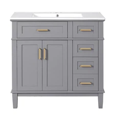 Compact 36-Inch Bathroom Vanity with Gray Finish, Easy-Clean Ceramic Basin,