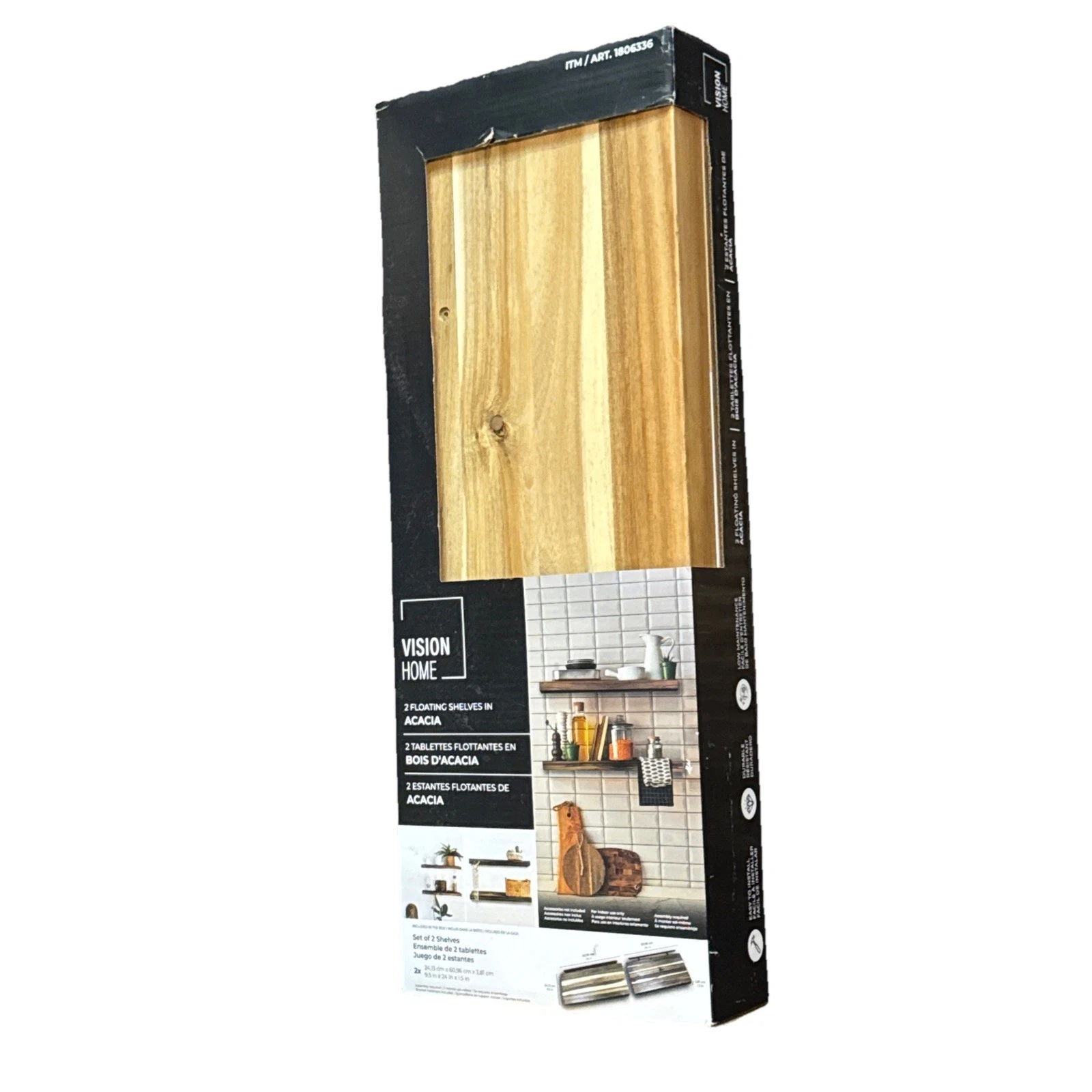 Vision Home Acacia Floating Shelves, 24" (Set of 2) Natural Wood Finish NOB