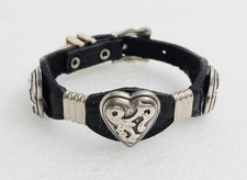 Vintage Black Leather & Silver Tone Hardware Biker Bracelet