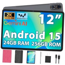 2026 12 Inch Tablet, Android 15 Tablet with Keyboard, 24GB RAM, 256GB ROM, Pink