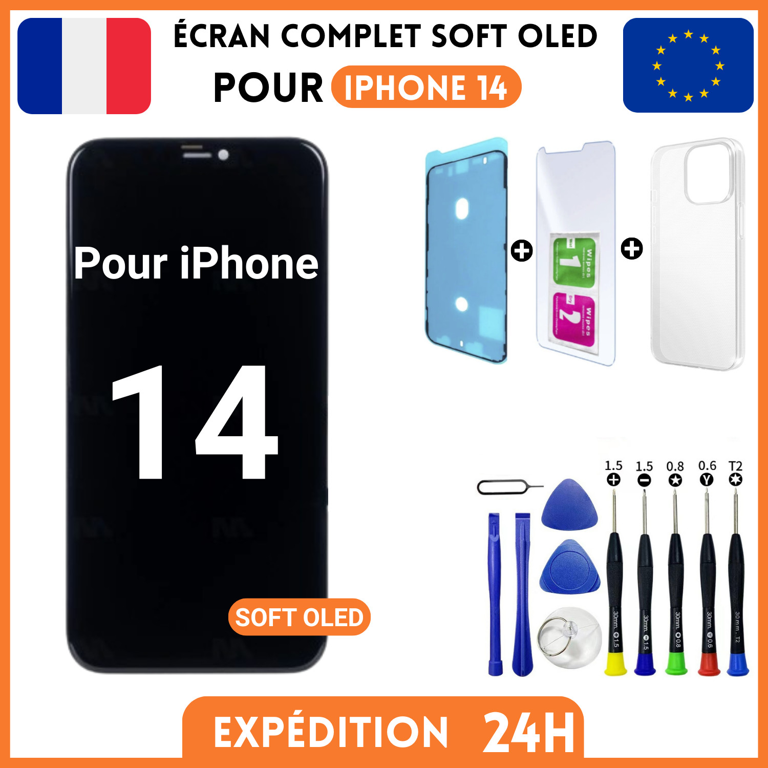 Écran Vitre Tactile iPhone 14 SOFT OLED Bloc Écran Complet de Rechange avec Colle et Kit