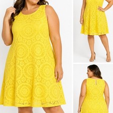 Tacera Womens 2X Yellow Medallion Lace A Line Sleeveless Shift Dress