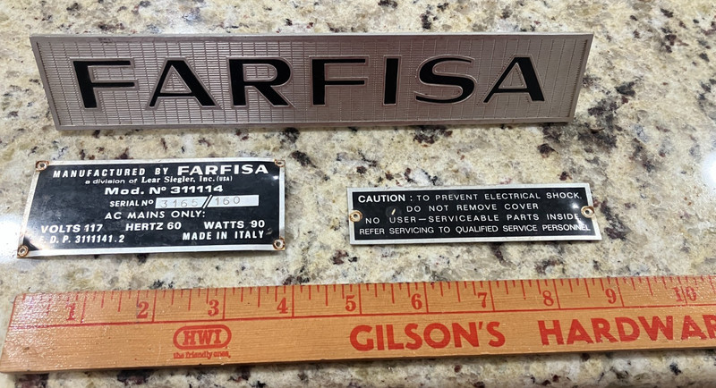 Farfisa Name Plate Badge for TR-70 Organ Amplifier  2 Data Plates Included 1970s