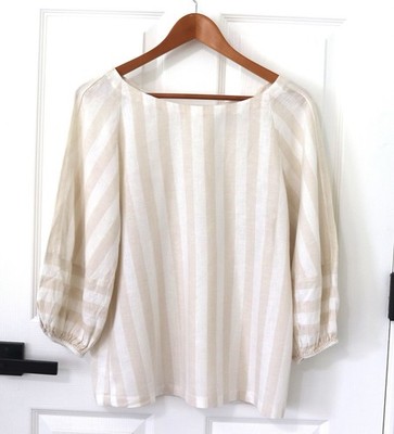 Cream & White Striped 3/4 Puff Sleeve Boatneck Top Linen Lightweight Summer S