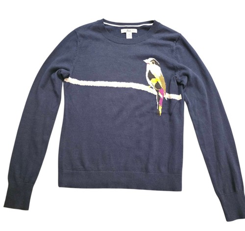 G. H. Bass & Co Songbird Sweater Knit Bird Pullover Navy Blue Cotton Womens XS