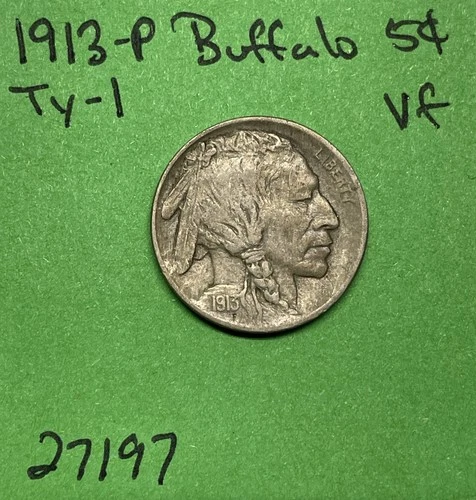 1913 P T1 Buffalo 🦬 Indian Head Nickel 5c Vf Very Fine Type 1