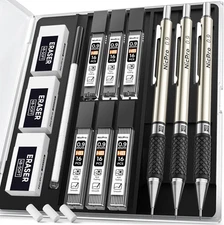 0.9 Mm Mechanical Pencil Set with Case, 3PCS Metal Mechanical Pencils with 6 Tub