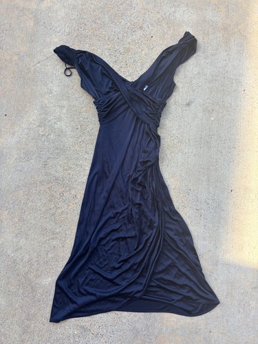 Vintage 2000s Moda International Draped Faux Wrap Midi Dress Large Navy