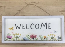 Welcome Sign, Floral Design w/ Butterflies, Wood Frame, Hanging Wall Art Decor