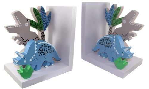 Wooden DINOSAUR BOOKEND Novelty JURRASIC Book Stand Set Hand-Painted GREY Multi - Picture 8 of 11