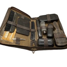 Shaving Travel Kit Set Brown Leather Zip Case Vanity Grooming Toiletry Vintage