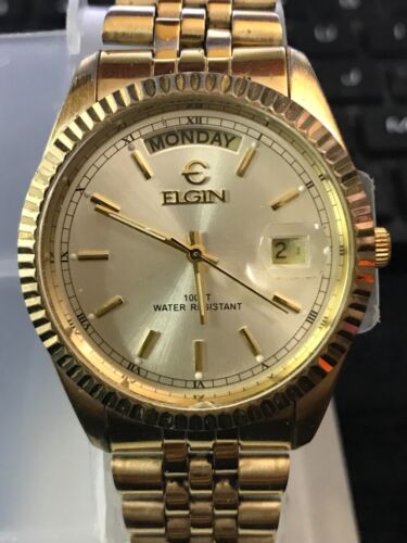 Elgin Presidential 37mm Large Day/Date Golden Quartz Men's Watch, RUN (Lot2414)