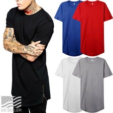 Mens Longline HIPSTER T Shirts ZIPPER Casual Extended Hip Hop Hemline Tee Basic