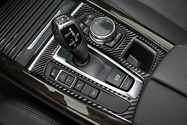 Cubierta de cambio de marchas de consola central de fibra de carbono de vinilo para BMW X5 X6 F15 2014-18 1* Foto 4 de 4