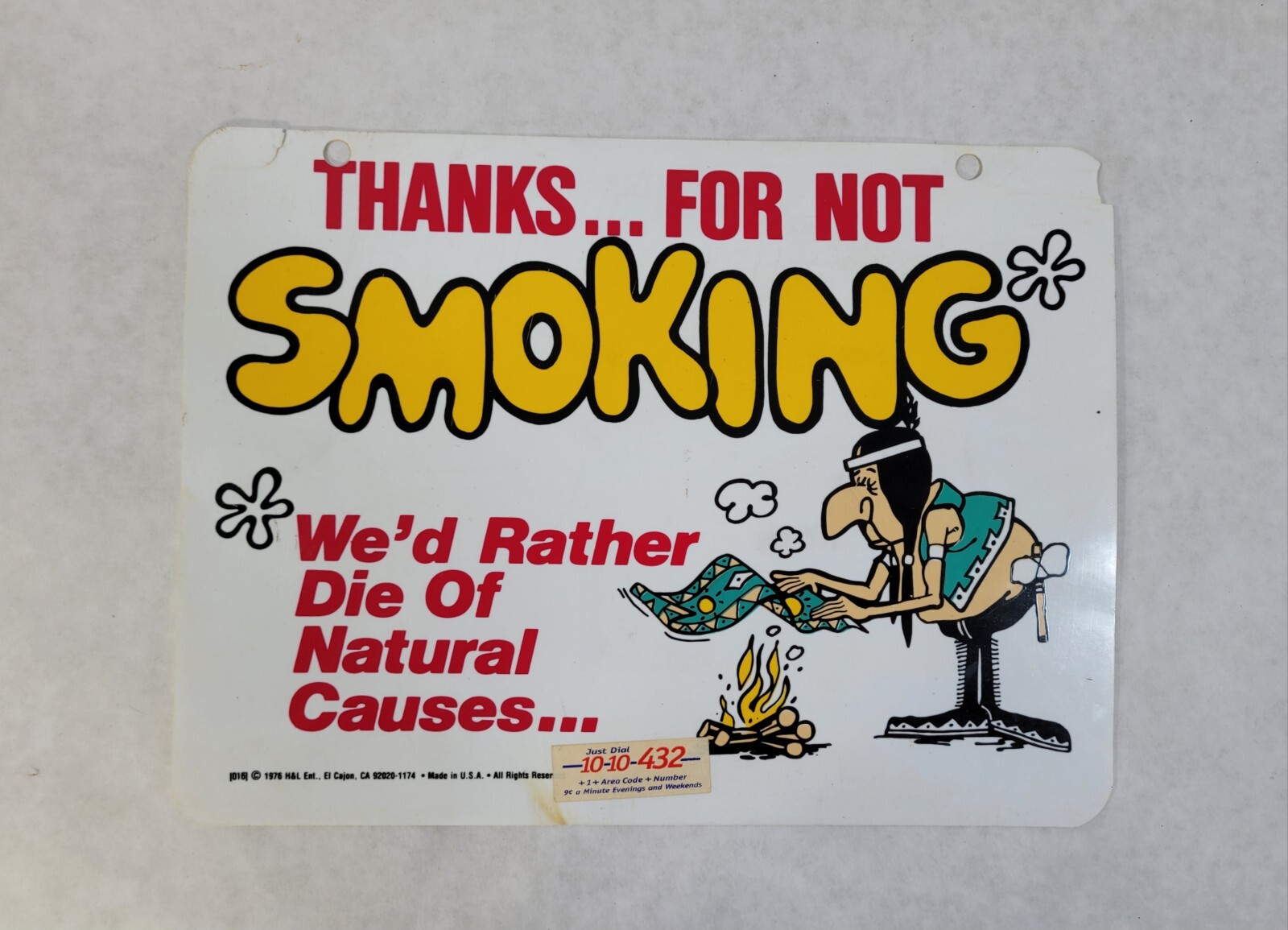 Vtg 1976 Thanks For Not Smoking Funny Plastic Sign H&L Entertainment