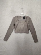 H M Women Top Medium Brown Nylon Blend Long Sleeve Cropped Regular Fit Shirt