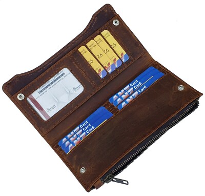 Men's RFID Crazy Horse REAL Leather ID Window Zipper Pocket Long Clutch Wallet