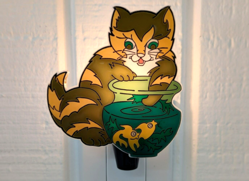 Vintage Striped Cat & Fish Bowl Night Light Faux Stained Glass Plastic Works - Picture 1 of 9