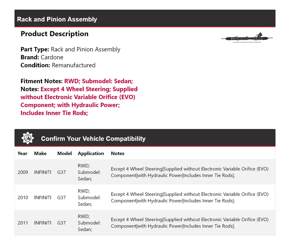 Conjunto de piñón y cremallera Cardone 2010 para Infiniti G37 2009-2011 sedán tracción trasera Foto 2 de 4