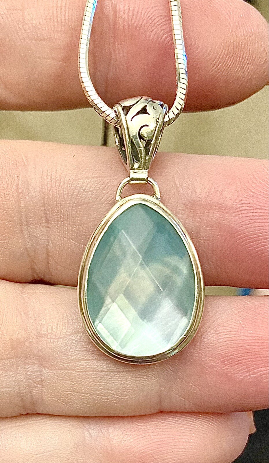 Sterling MOP Lt Aqua Teardrop Filigree Pendant 18" Sn… Gem