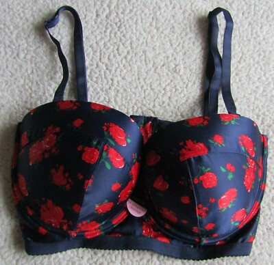 M&S Push Up Enhanced Cleavage/Strapless Bra 34DD Blue Red Roses Brand New WL**