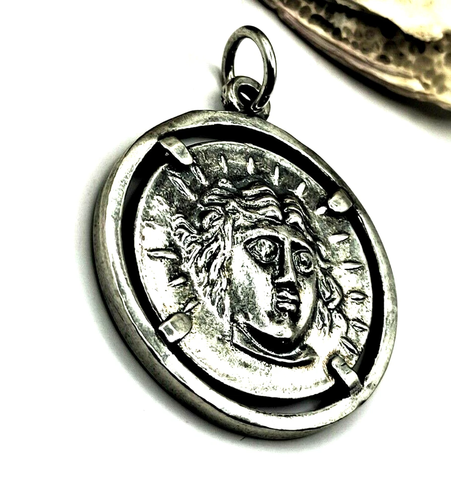 Ancient Greek Coin Apollo God Of Sun Helios Sterling Silver 925 Pendant - Image 3 of 4