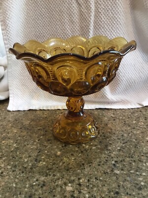 LE Smith Amber Moon & Stars Glass Pedestal Footed Compote Candy Dish