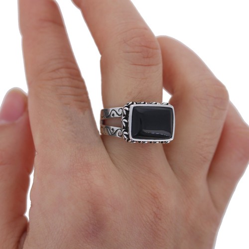 Black Onyx Rectangle Ring, 925 Sterling Silver Band, 11mm Onyx Face - Picture 2 of 2