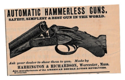 HARRINGTON & RICHARDSON Automatic Hammerless Guns Worcester 1885 Catalog Ad