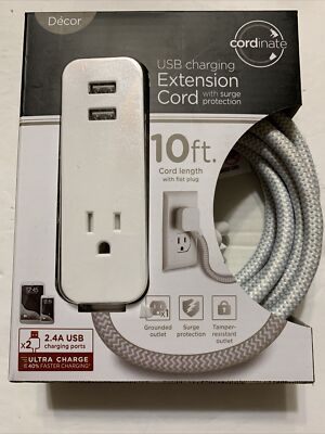 Cordinate Designer 1-Outlet 2-USB Charging Extension Cord with Surge Protecti...