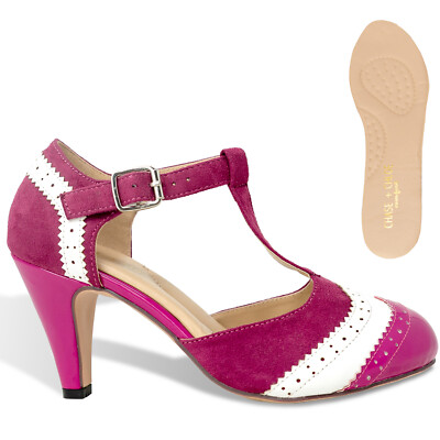 Chase & Chloe Kimmy-66 Closed Toe T-Strap Two Tone Oxford Pumps