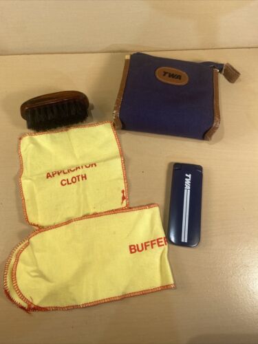 Vintage TWA Complimentary Amenity Bag With Shoe Shine brush, cloth, & Lint brush