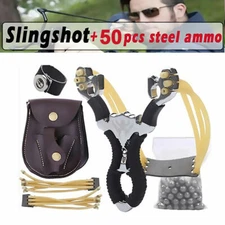 Professional Steel Slingshot Set (3X Rubber Bands + 50X 8mm Ammo + Pouch + Ring)