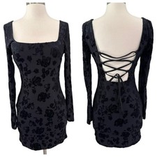 NWT Black Velvet Rose Burnout Bodycon Dress M Whimsigoth Fairy Goth Sheer Sleeve