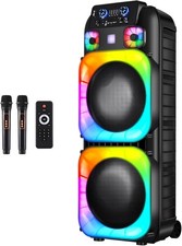 Dual 15" Bluetooth Party Speaker w/LED 2 Mic TWS FM Bass Subwoofer Powerful Kara